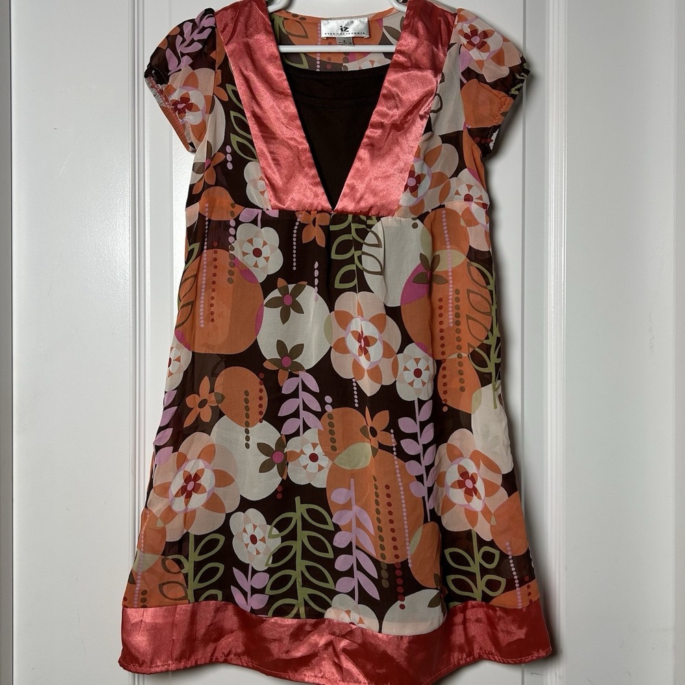 iZ Byer Girls' Vintage Y2K 2000s Brown Orange Floral Satin Trim Babydoll Dress